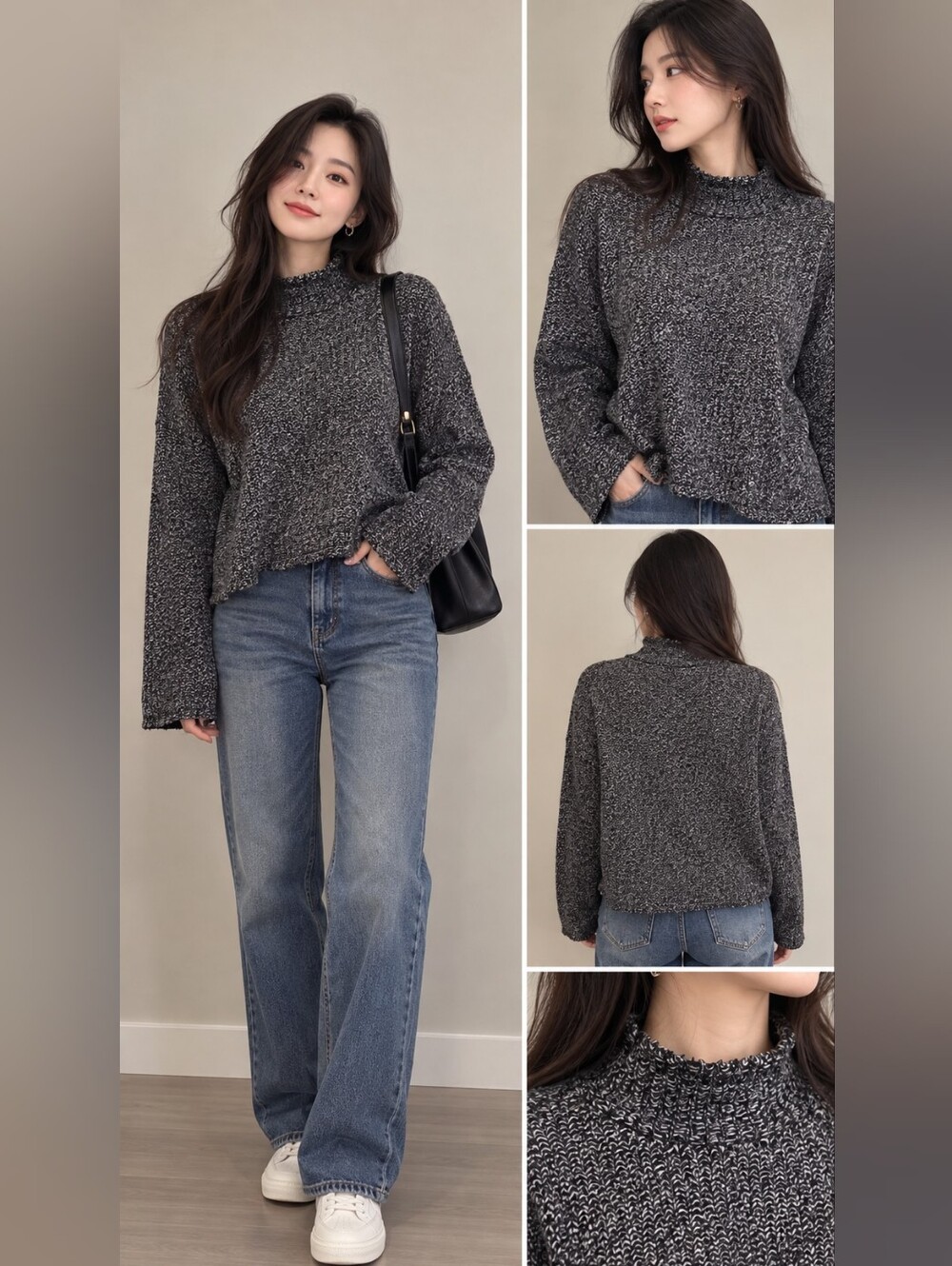 Size S ZARA Black & White Marled Knit Cropped Sweater | Mock Neck